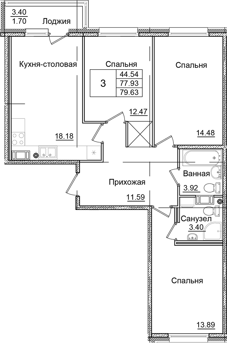 3-комнатная квартира 79.63 м², 5/9 эт., ЖК «Квартал Заречье»